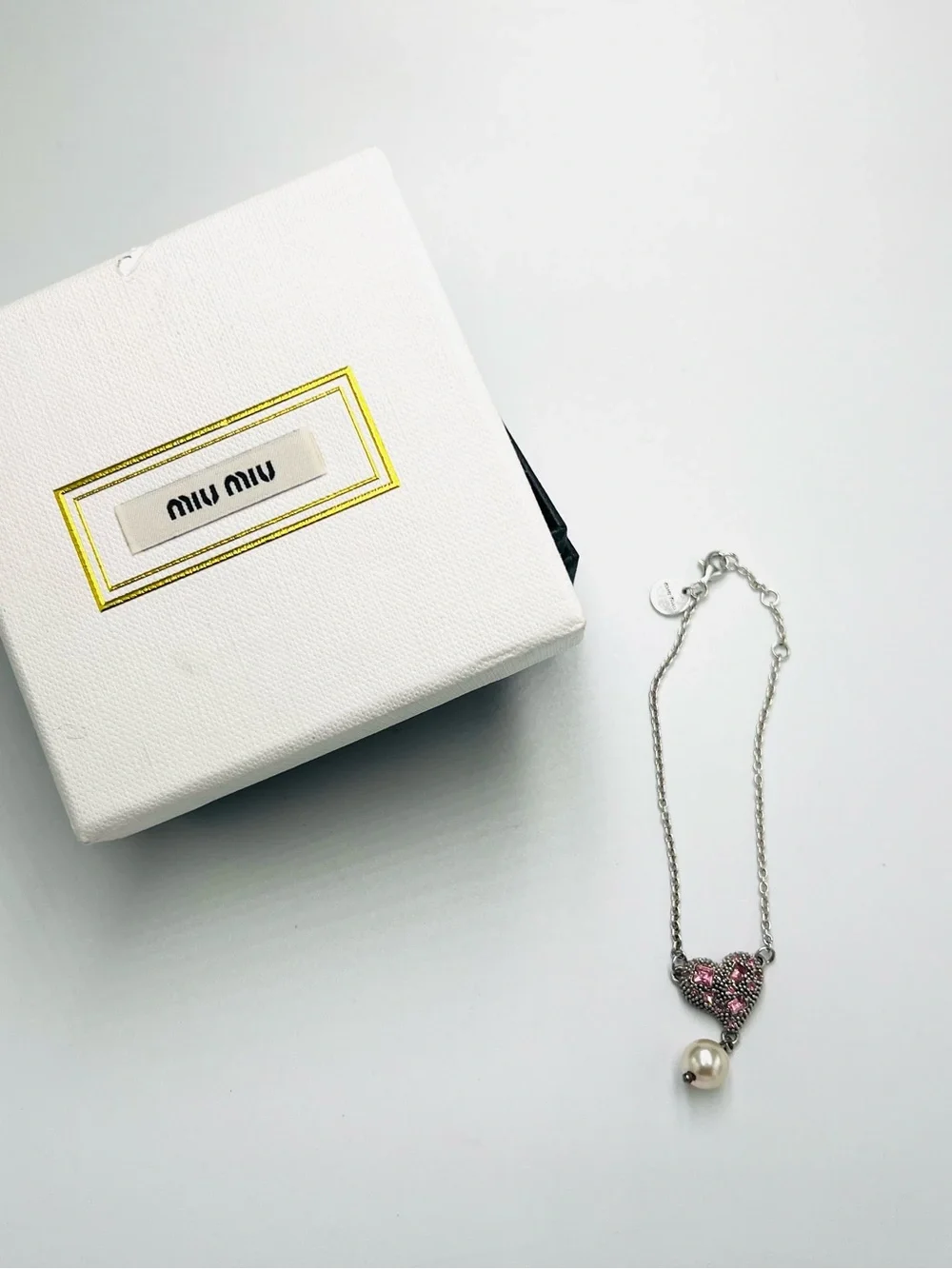Miu Miu Crystal Faux Pearl Heart Silver Chain Bracelet - Picture 5 of 6